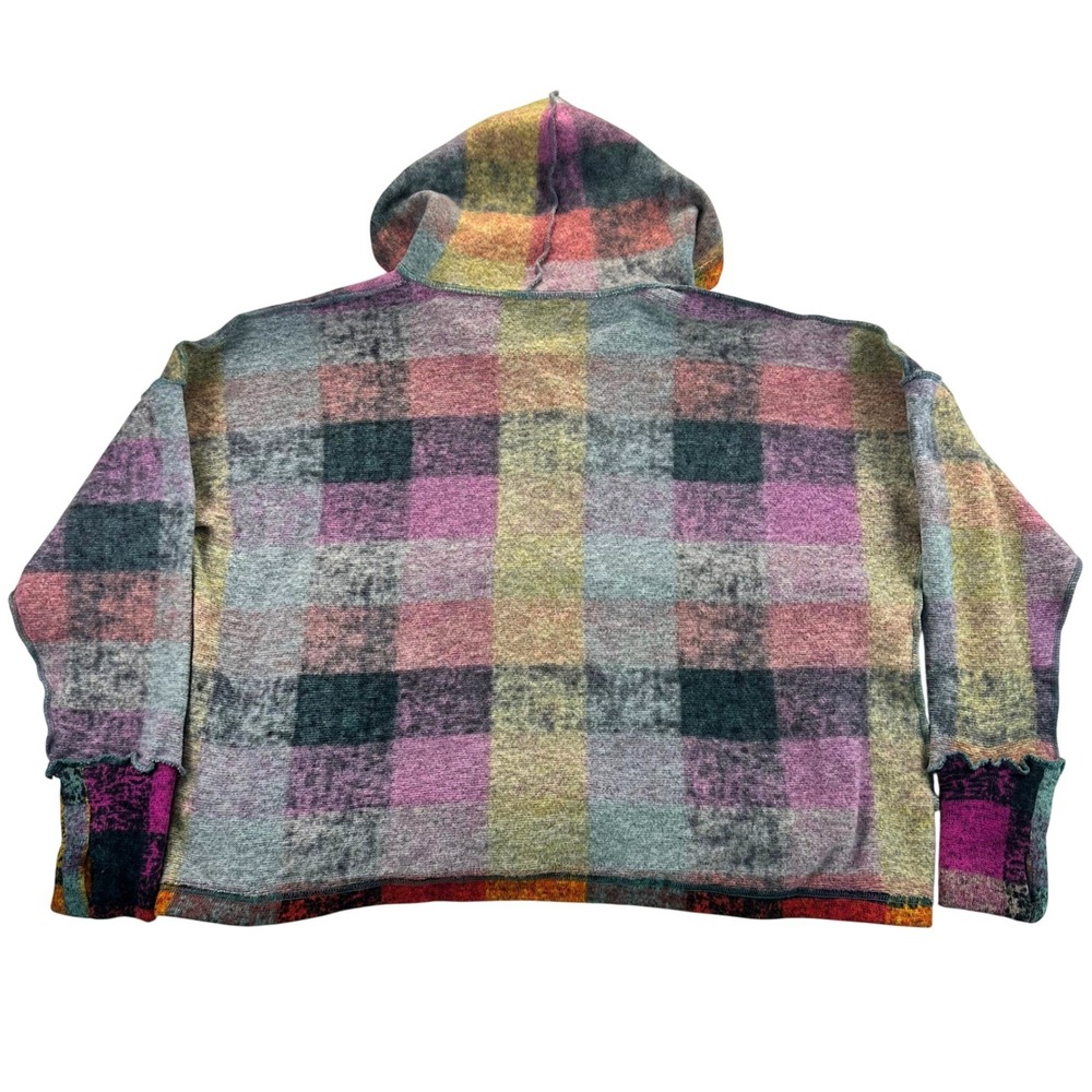 BIBI Womens Large Multicolor Plaid Patchwork Henley Oversized Hoodie Sweater - Picture 8 of 15